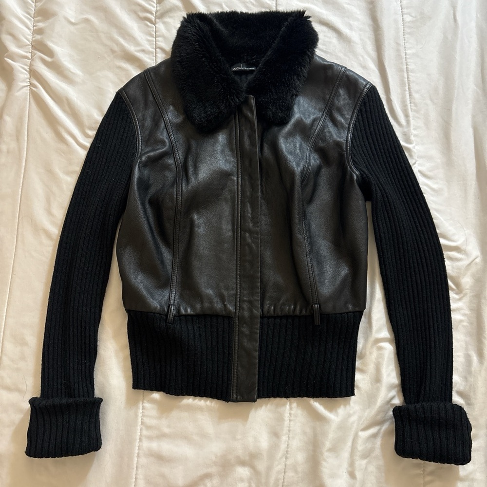 Mods international Black Leather & Knit Bomber Jacket